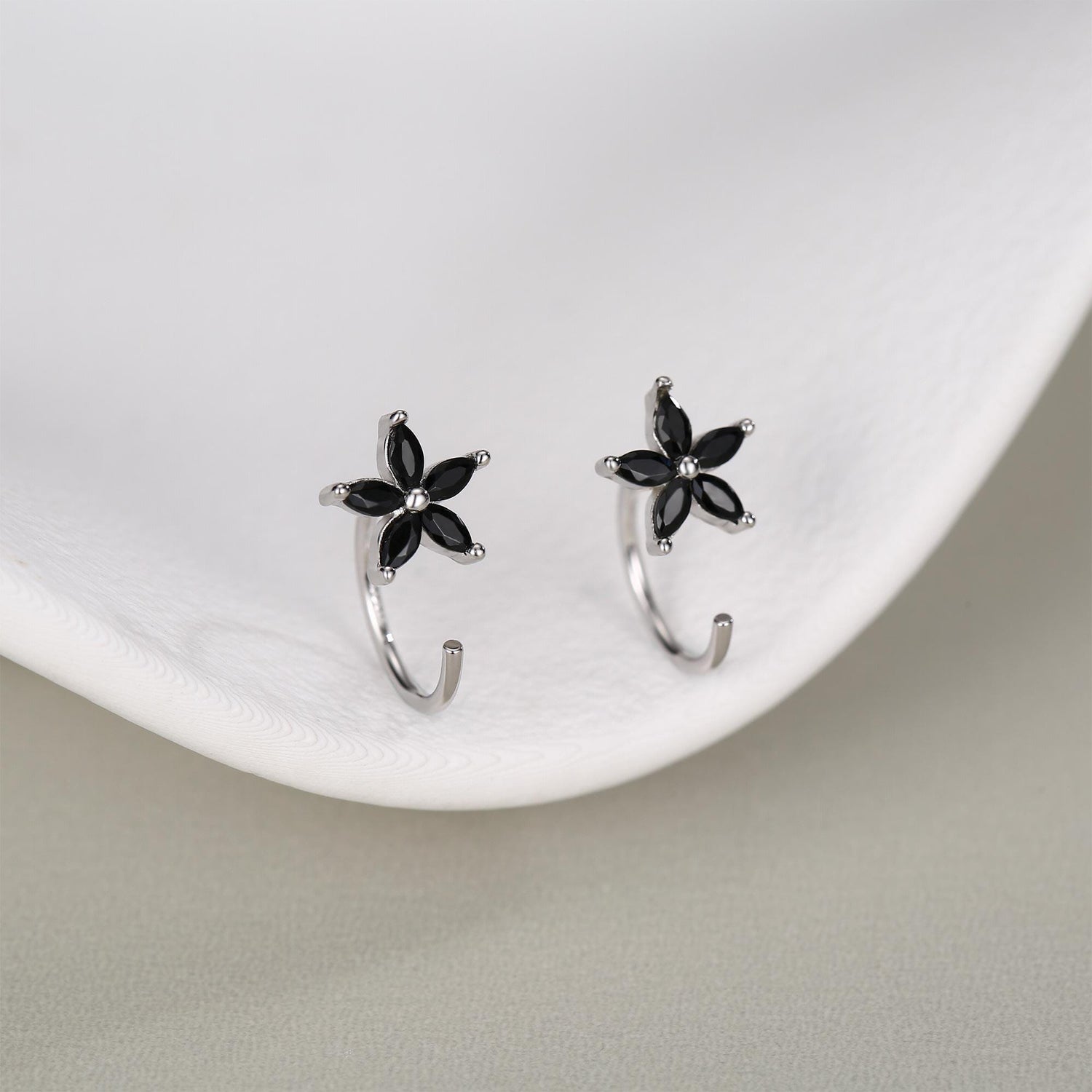 Black CZ Flower Huggie Hoop Earrings in Sterling Silver, Gold or Silver, Marquise CZ Flower Threader Hoop Earrings, Pull Through