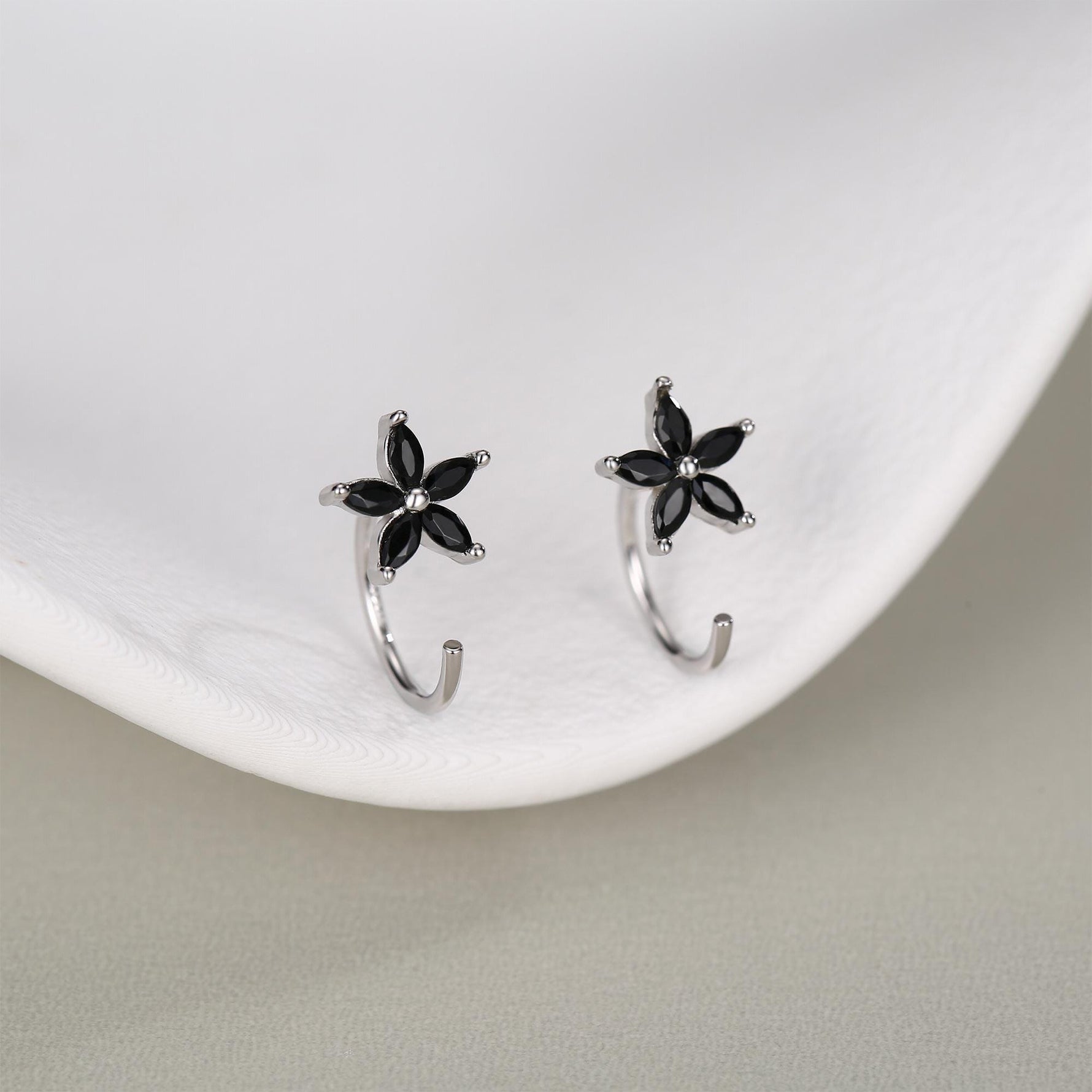 Black CZ Flower Huggie Hoop Earrings in Sterling Silver, Gold or Silver, Marquise CZ Flower Threader Hoop Earrings, Pull Through