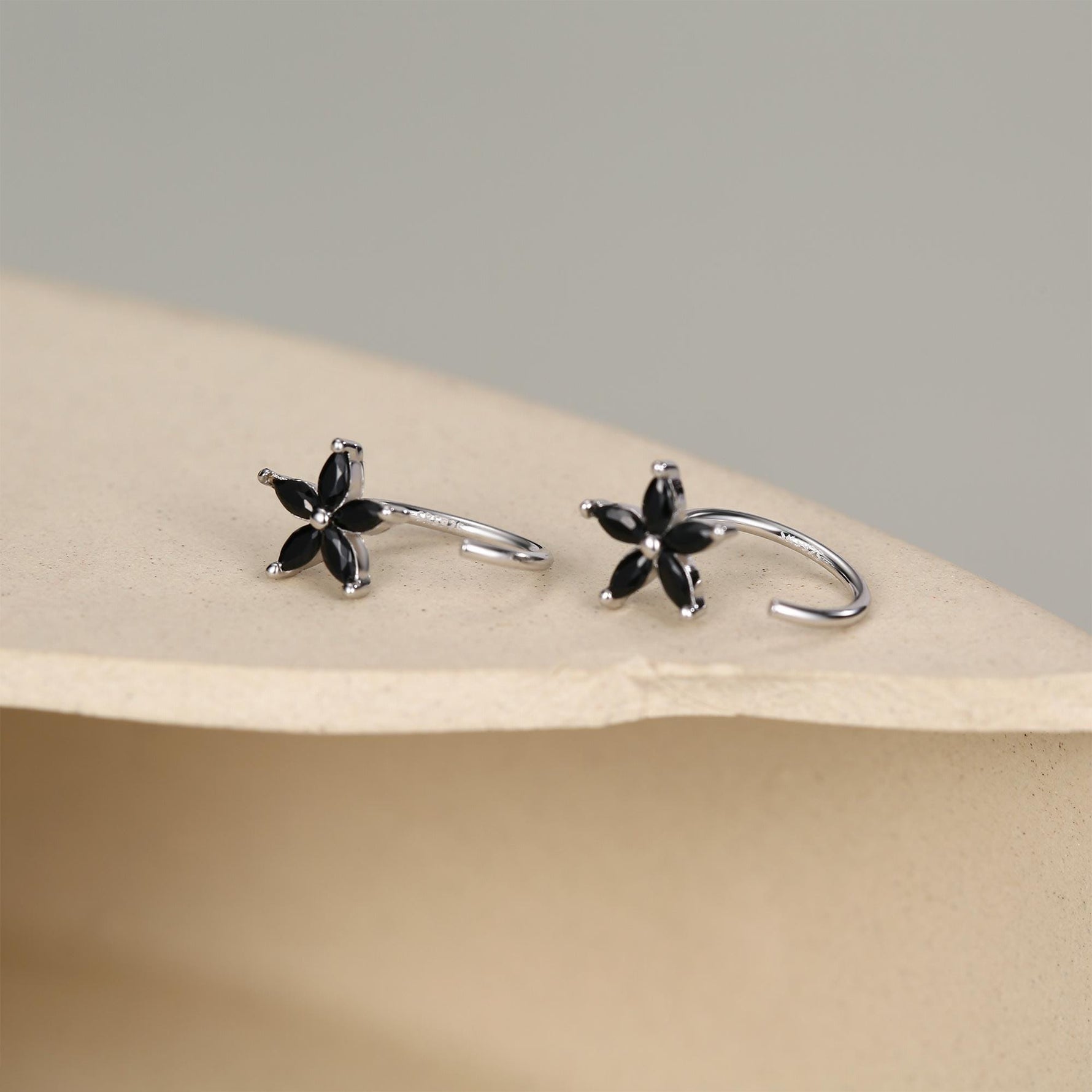 Black CZ Flower Huggie Hoop Earrings in Sterling Silver, Gold or Silver, Marquise CZ Flower Threader Hoop Earrings, Pull Through