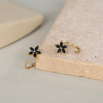 Black CZ Flower Huggie Hoop Earrings in Sterling Silver, Gold or Silver, Marquise CZ Flower Threader Hoop Earrings, Pull Through
