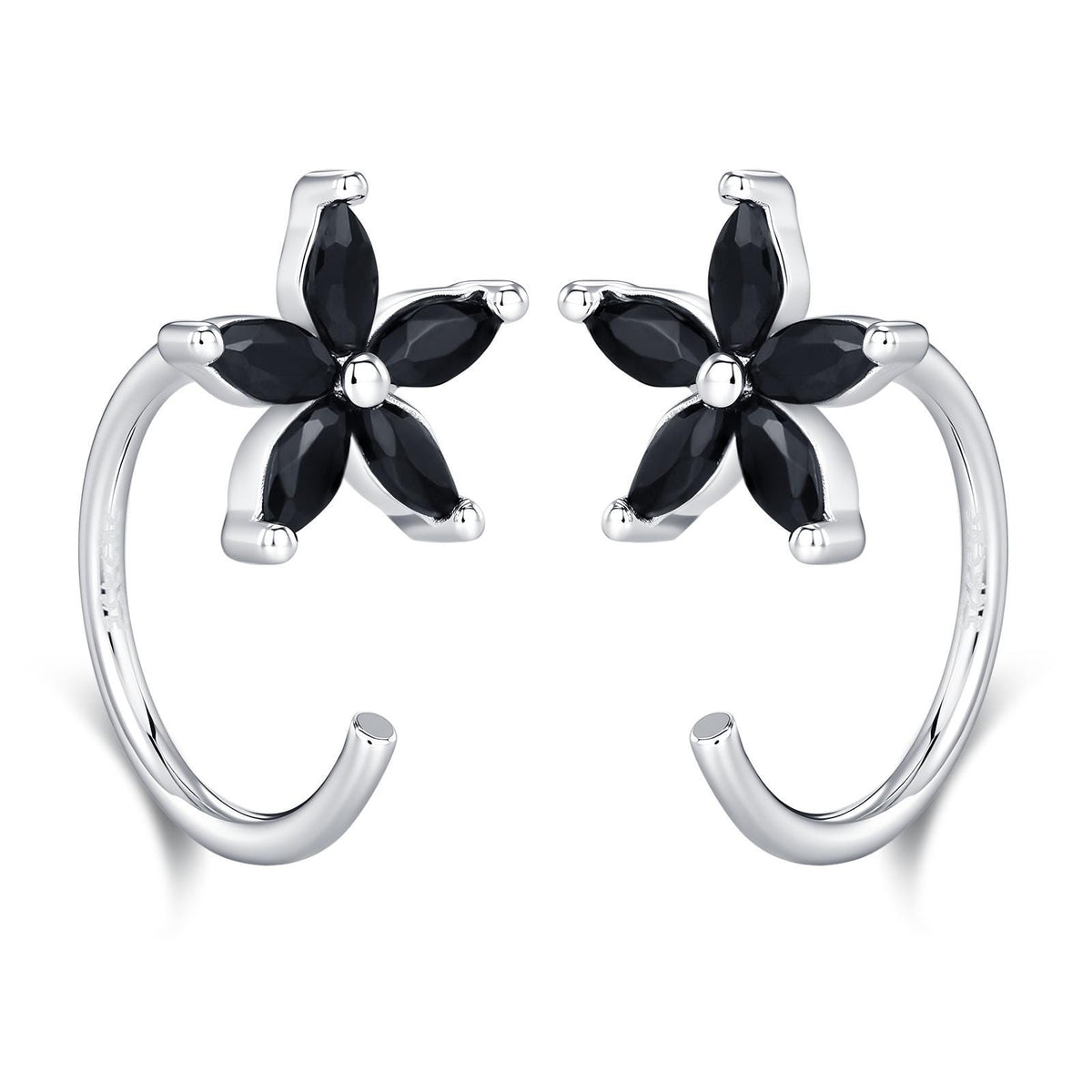 Black CZ Flower Huggie Hoop Earrings in Sterling Silver, Gold or Silver, Marquise CZ Flower Threader Hoop Earrings, Pull Through