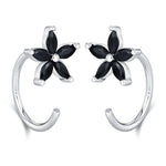 Black CZ Flower Huggie Hoop Earrings in Sterling Silver, Gold or Silver, Marquise CZ Flower Threader Hoop Earrings, Pull Through