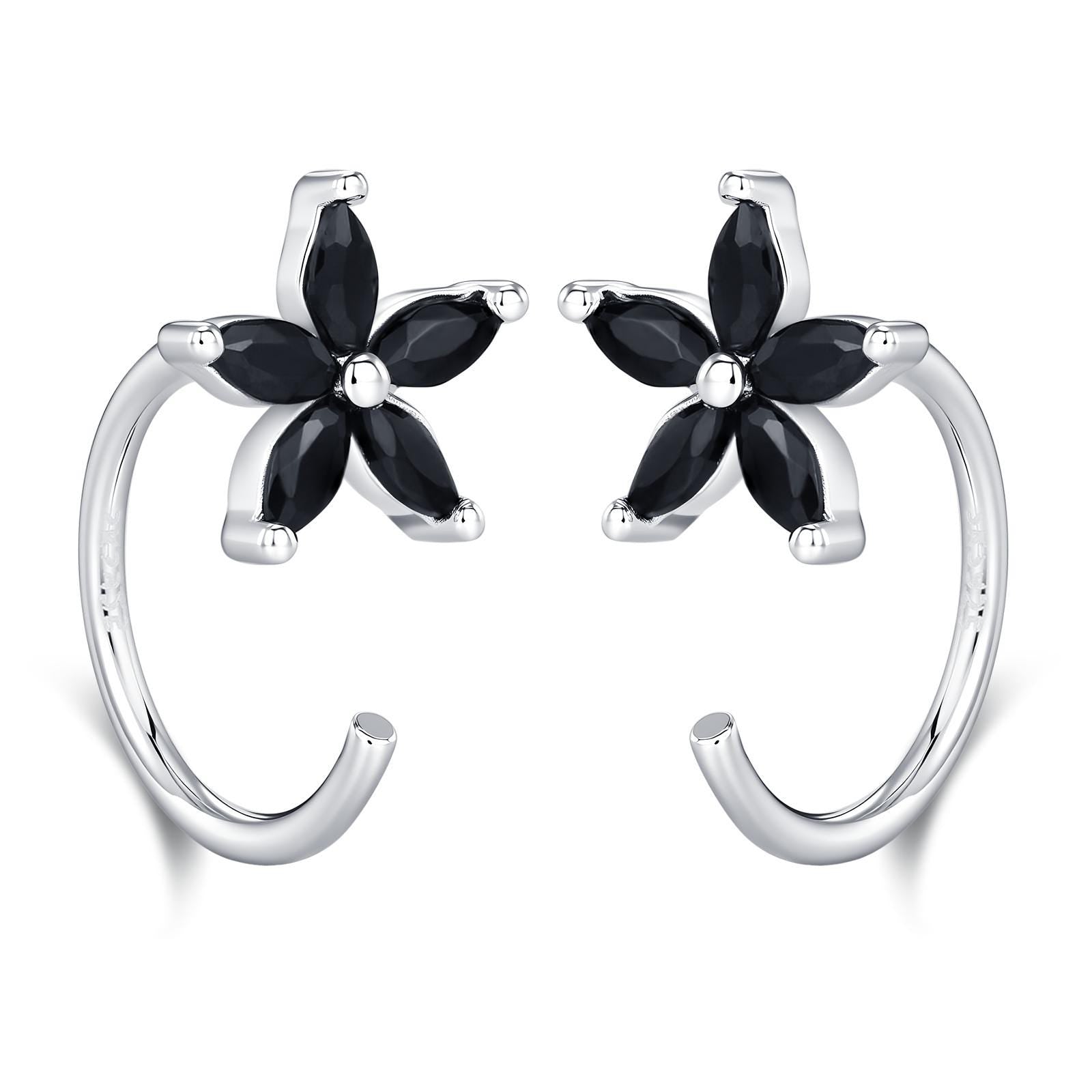 Black CZ Flower Huggie Hoop Earrings in Sterling Silver, Gold or Silver, Marquise CZ Flower Threader Hoop Earrings, Pull Through