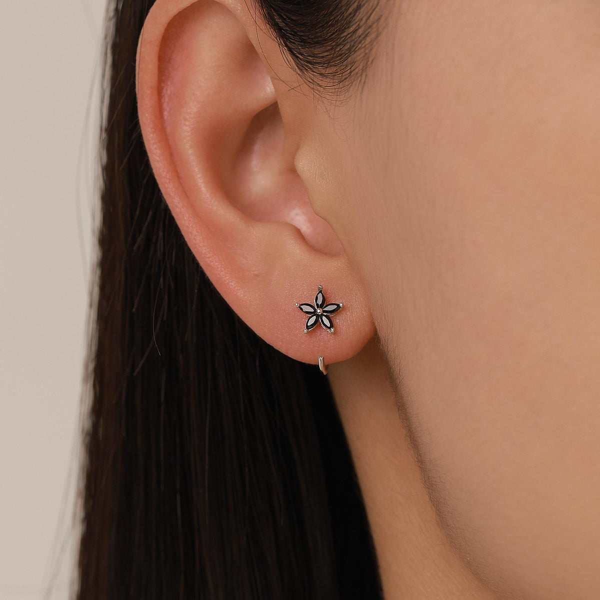 Black CZ Flower Huggie Hoop Earrings in Sterling Silver, Gold or Silver, Marquise CZ Flower Threader Hoop Earrings, Pull Through