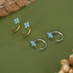 Turquoise Blue CZ Hydrangea Flower Open Huggie Hoop Earrings in Sterling Silver
