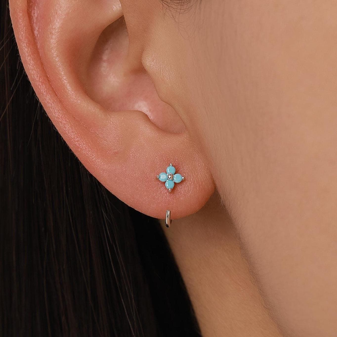 Turquoise Blue CZ Hydrangea Flower Open Huggie Hoop Earrings in Sterling Silver
