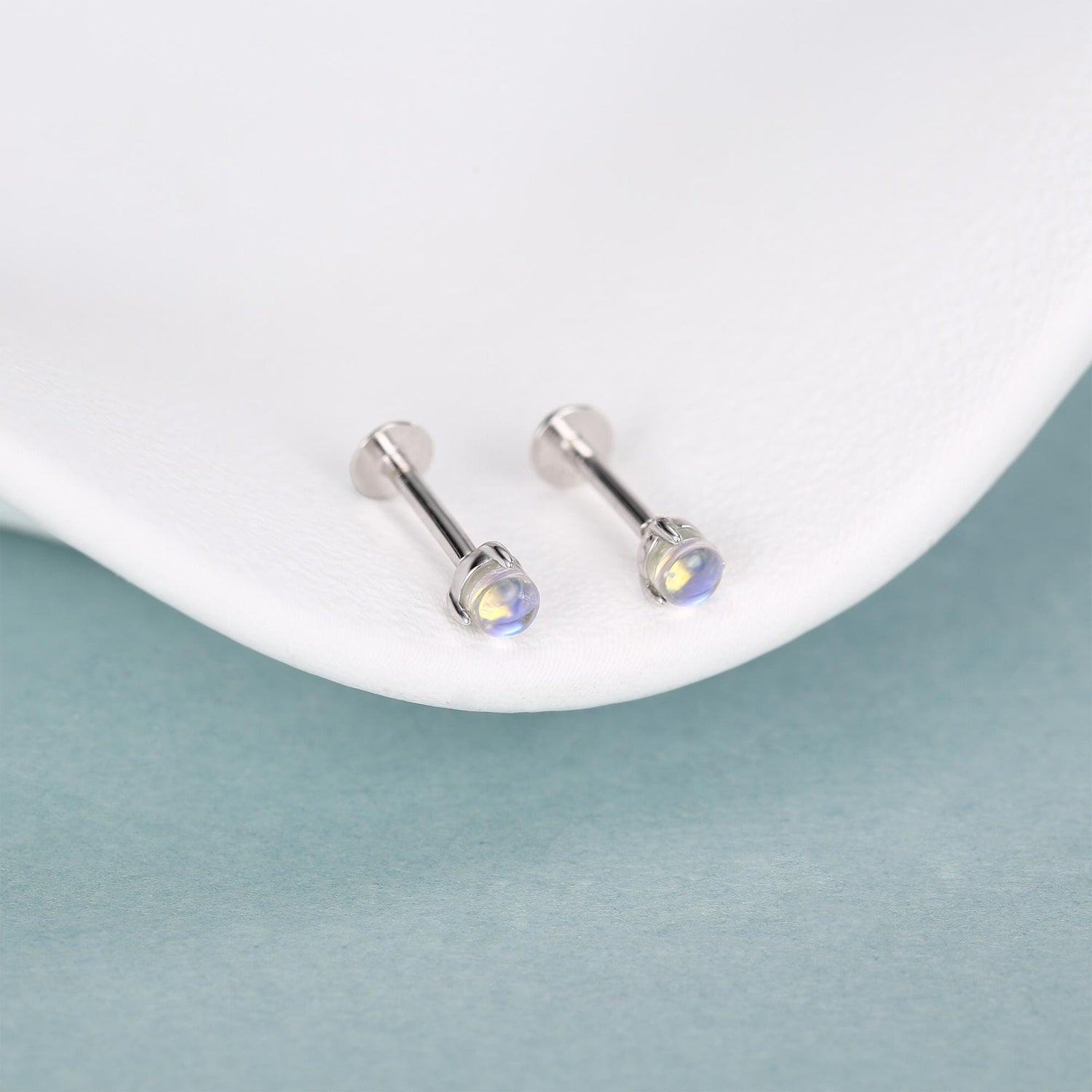 Sterling Silver Moonstone 16G Flat Back Labret Earrings