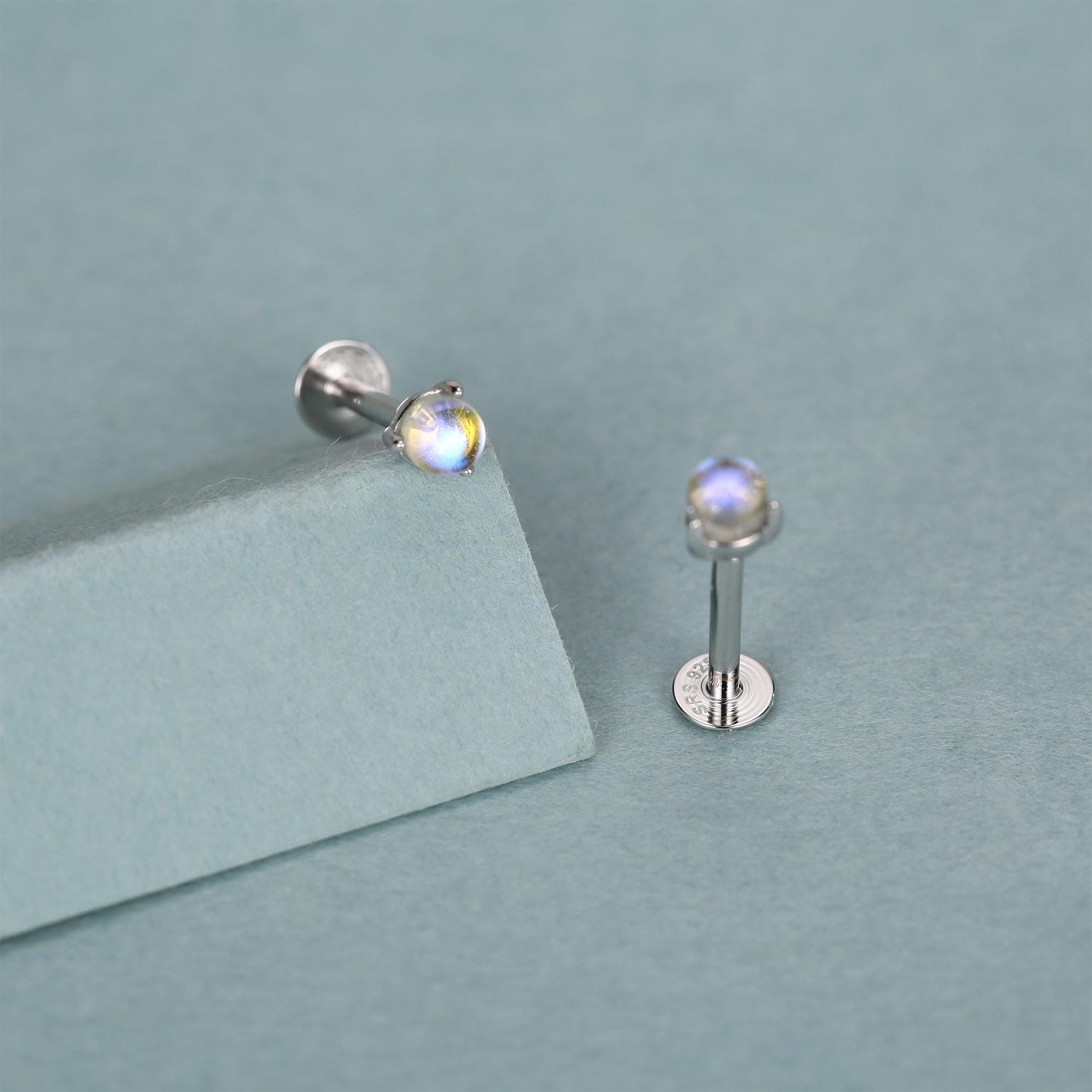 Sterling Silver Moonstone 16G Flat Back Labret Earrings