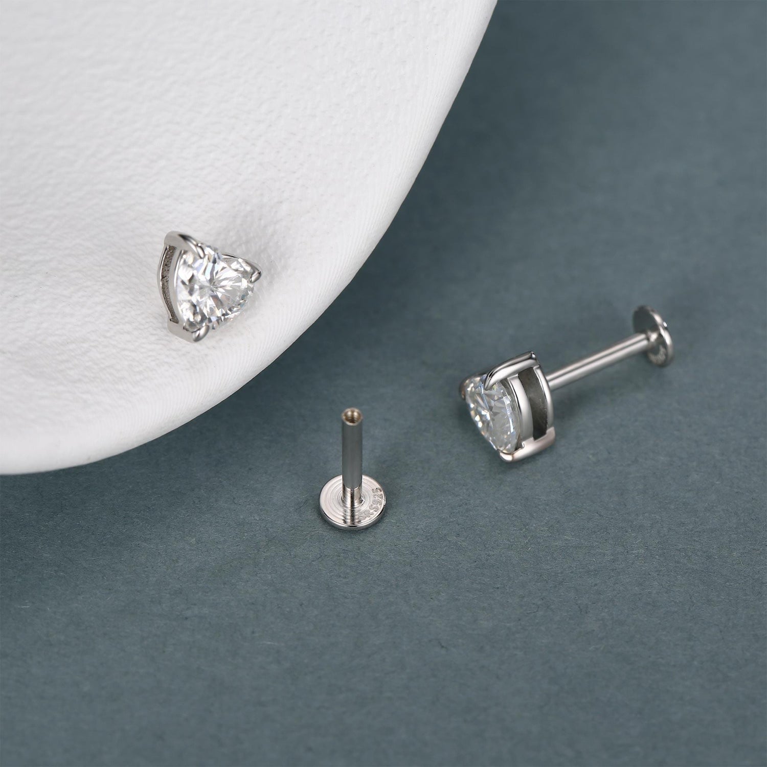 Sterling Silver 5mm Heart Moissanite 16G Flat Back Labret Earrings