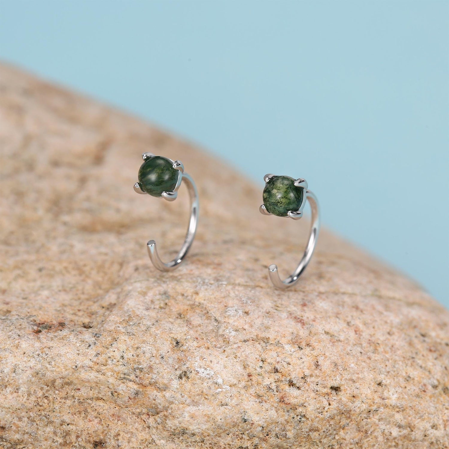 Sterling Silver Moss Agate Open Hoop Earrings