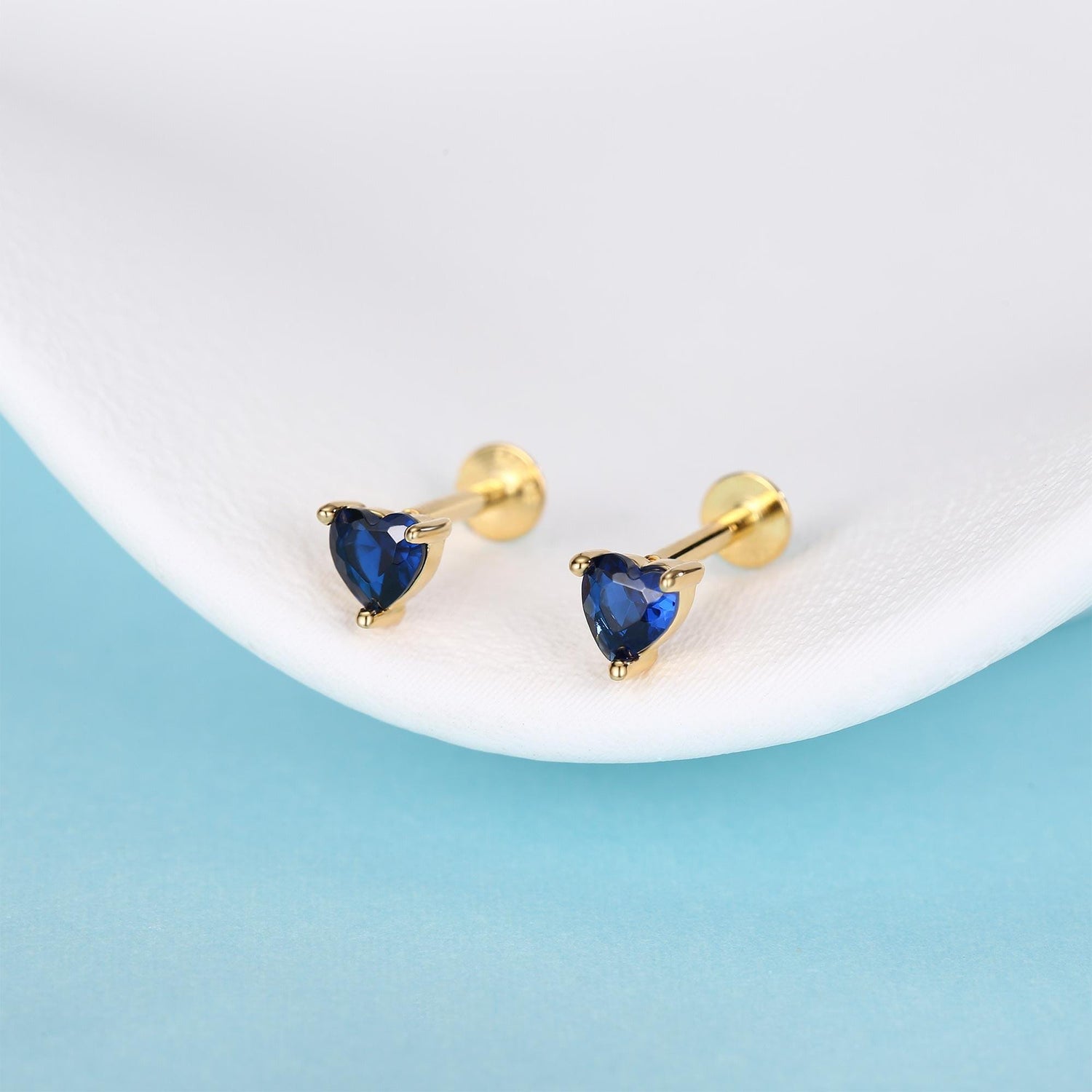 Sterling Silver 4mm Sapphire Blue Heart CZ 16G Flat Back Labret Earrings