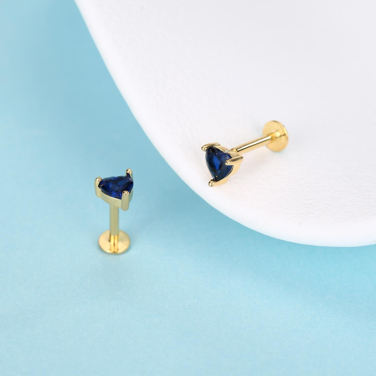 Sterling Silver 4mm Sapphire Blue Heart CZ 16G Flat Back Labret Earrings