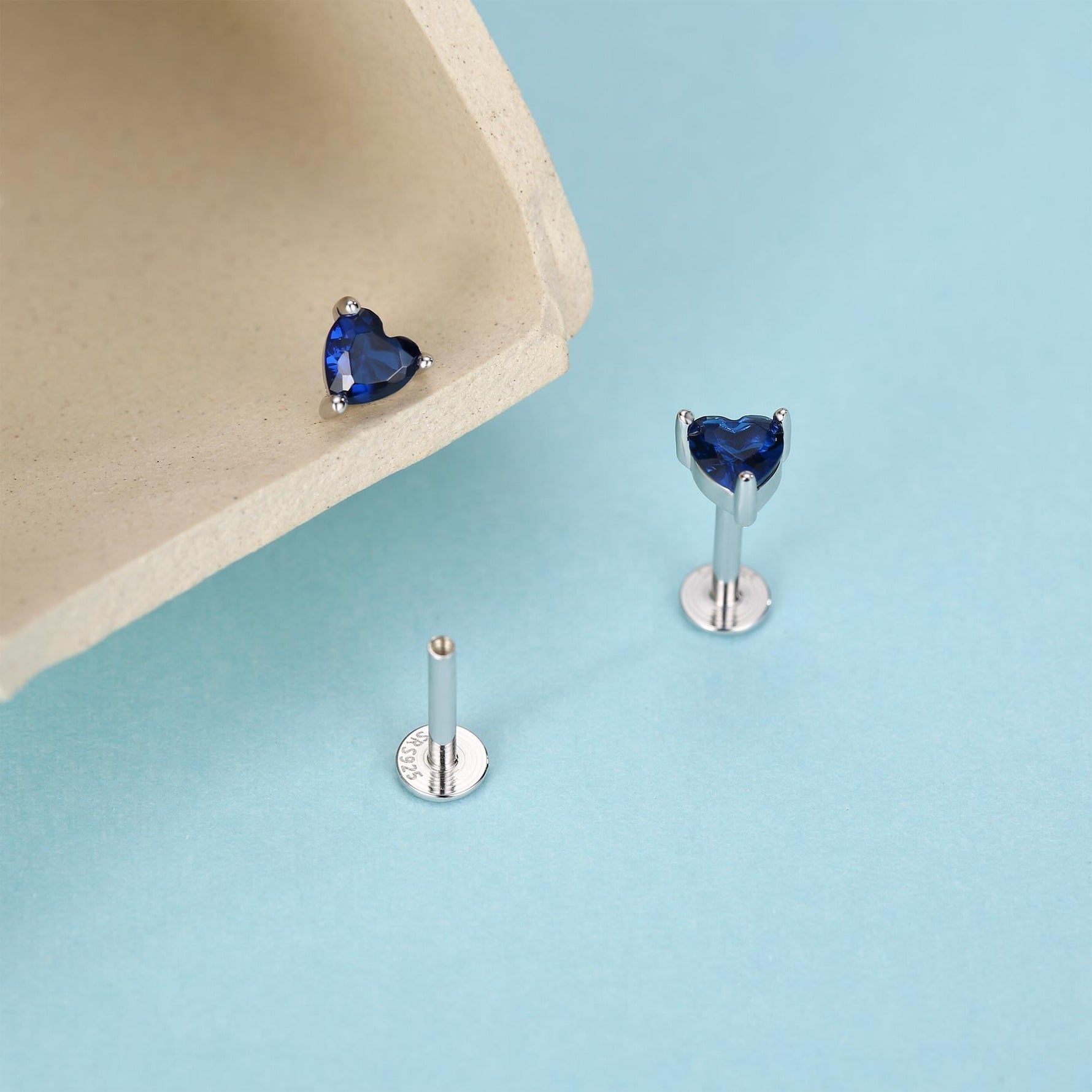 Sterling Silver 4mm Sapphire Blue Heart CZ 16G Flat Back Labret Earrings