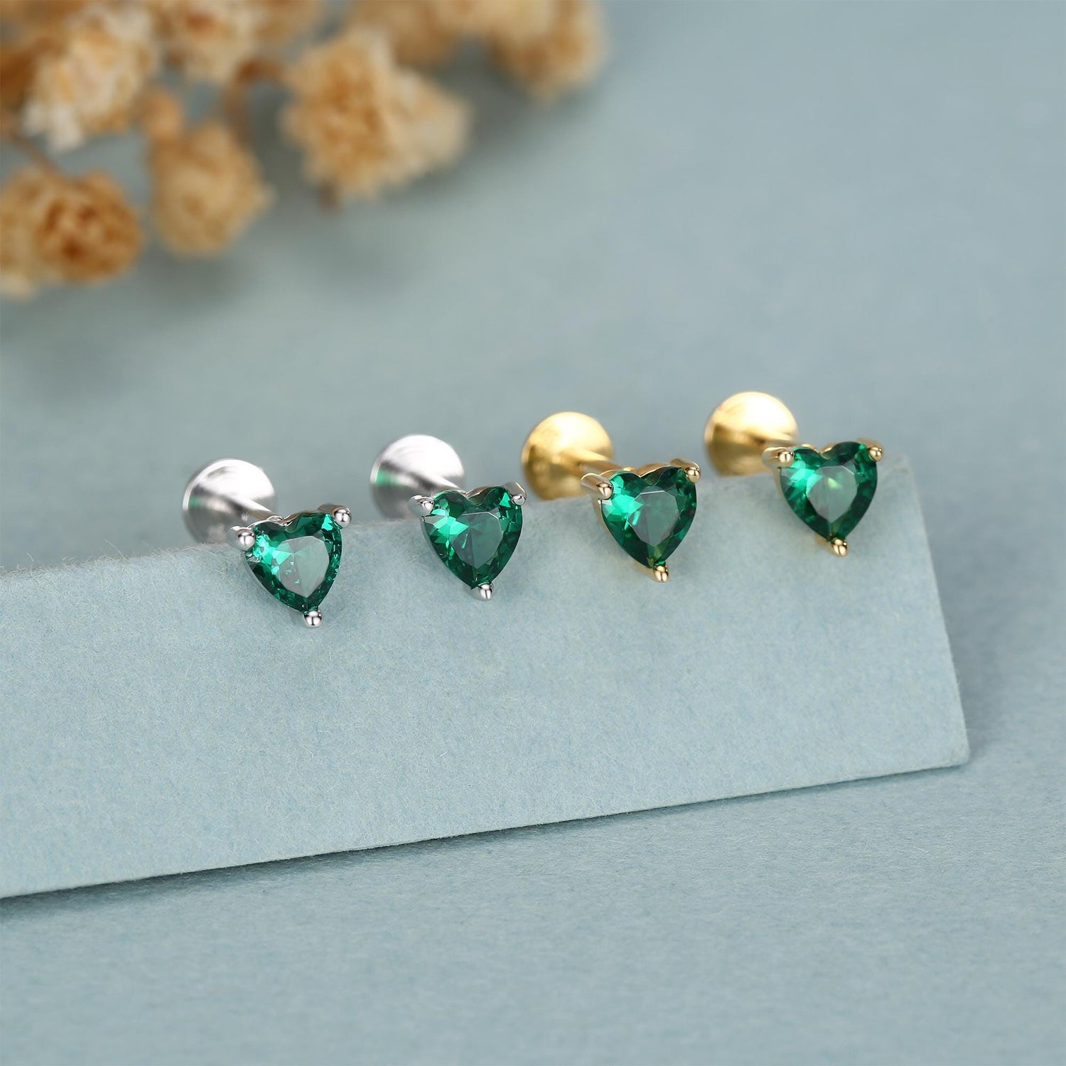 Sterling Silver 4mm Emerald Green Heart CZ 16G Flat Back Labret Earrings