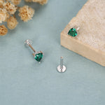 Sterling Silver 4mm Emerald Green Heart CZ 16G Flat Back Labret Earrings