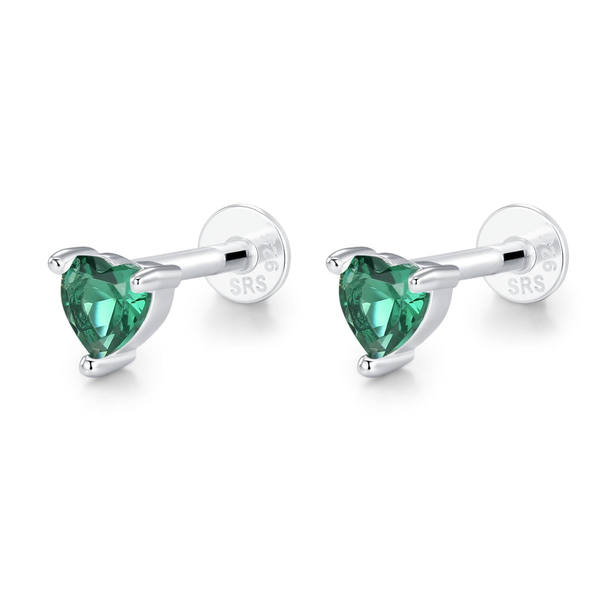 Sterling Silver 4mm Emerald Green Heart CZ 16G Flat Back Labret Earrings