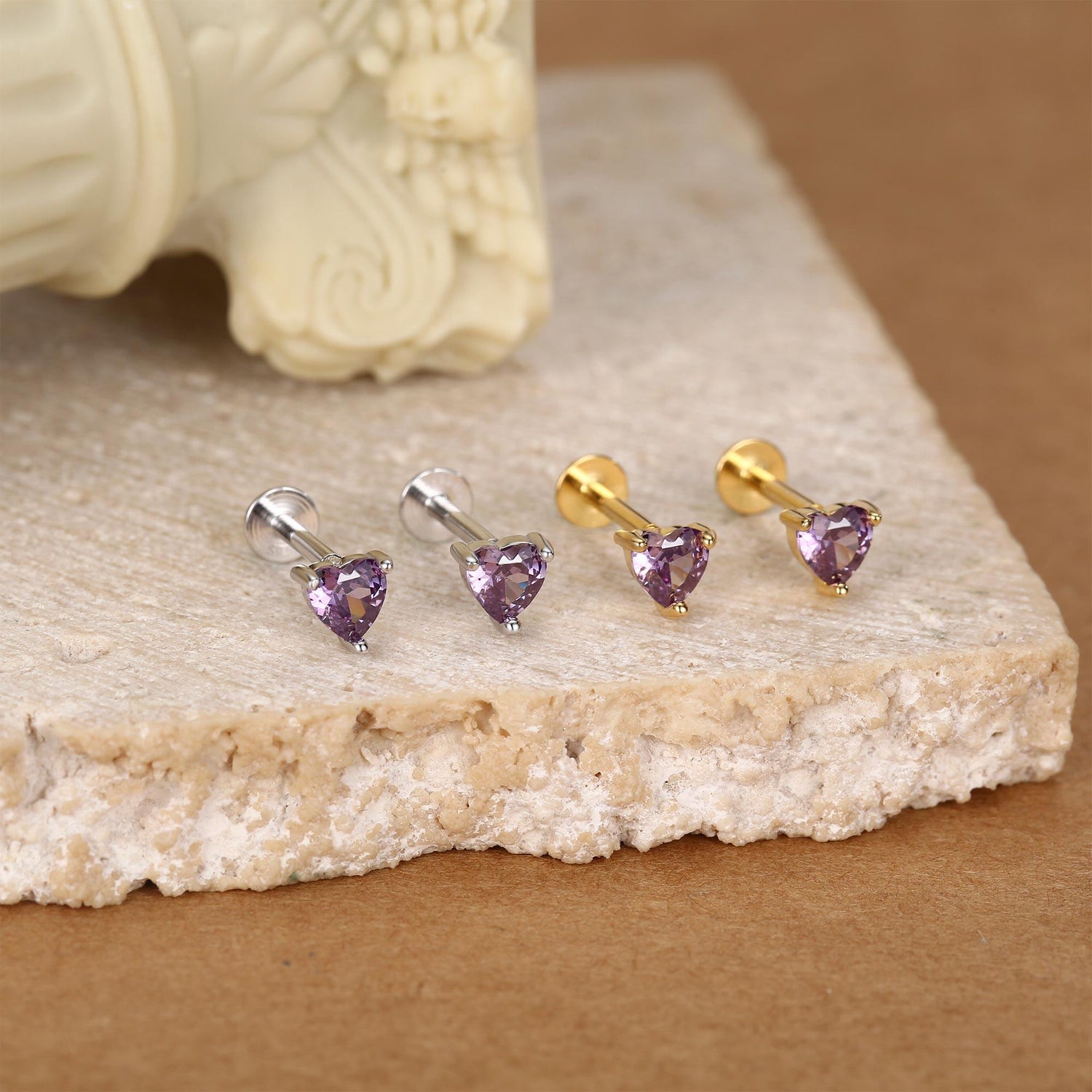 Sterling Silver 4mm Amethyst Purple Heart CZ 16G Flat Back Labret Earrings