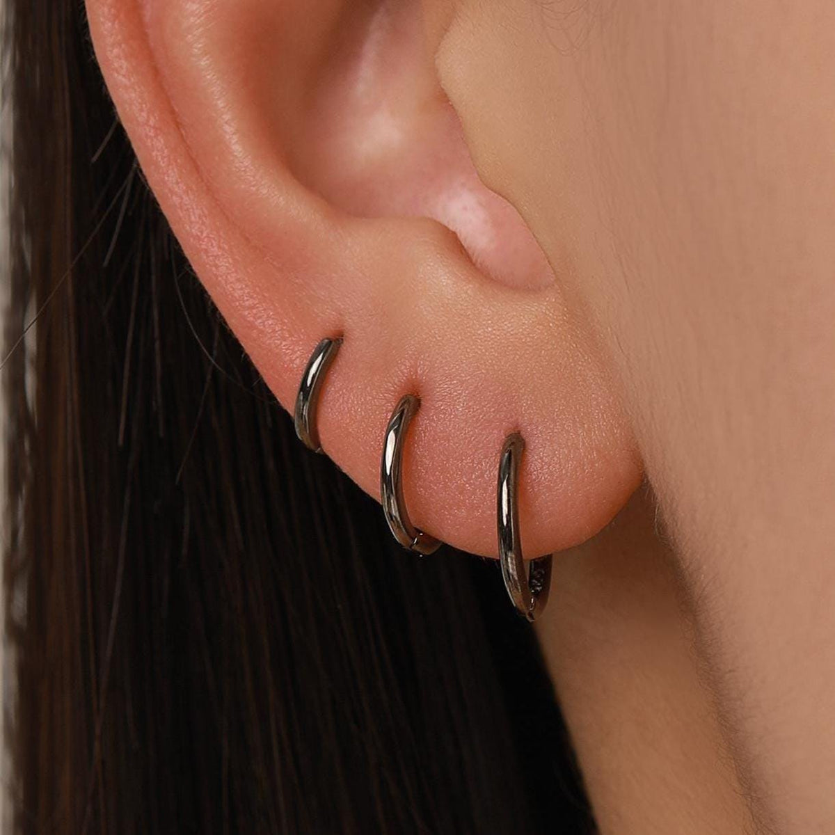 Minimalist Black Huggie Hoops in Sterling Silver, 6mm, 7mm, 8mm, 9mm, 10mm Black Rhodium Clicker Hoops, Sleeper Hoop Earrings, Plain Hoops