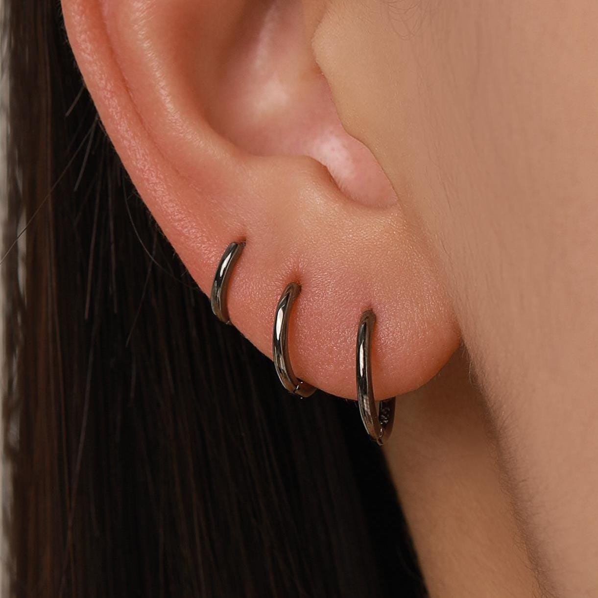 Minimalist Black Huggie Hoops in Sterling Silver, 6mm, 7mm, 8mm, 9mm, 10mm Black Rhodium Clicker Hoops, Sleeper Hoop Earrings, Plain Hoops