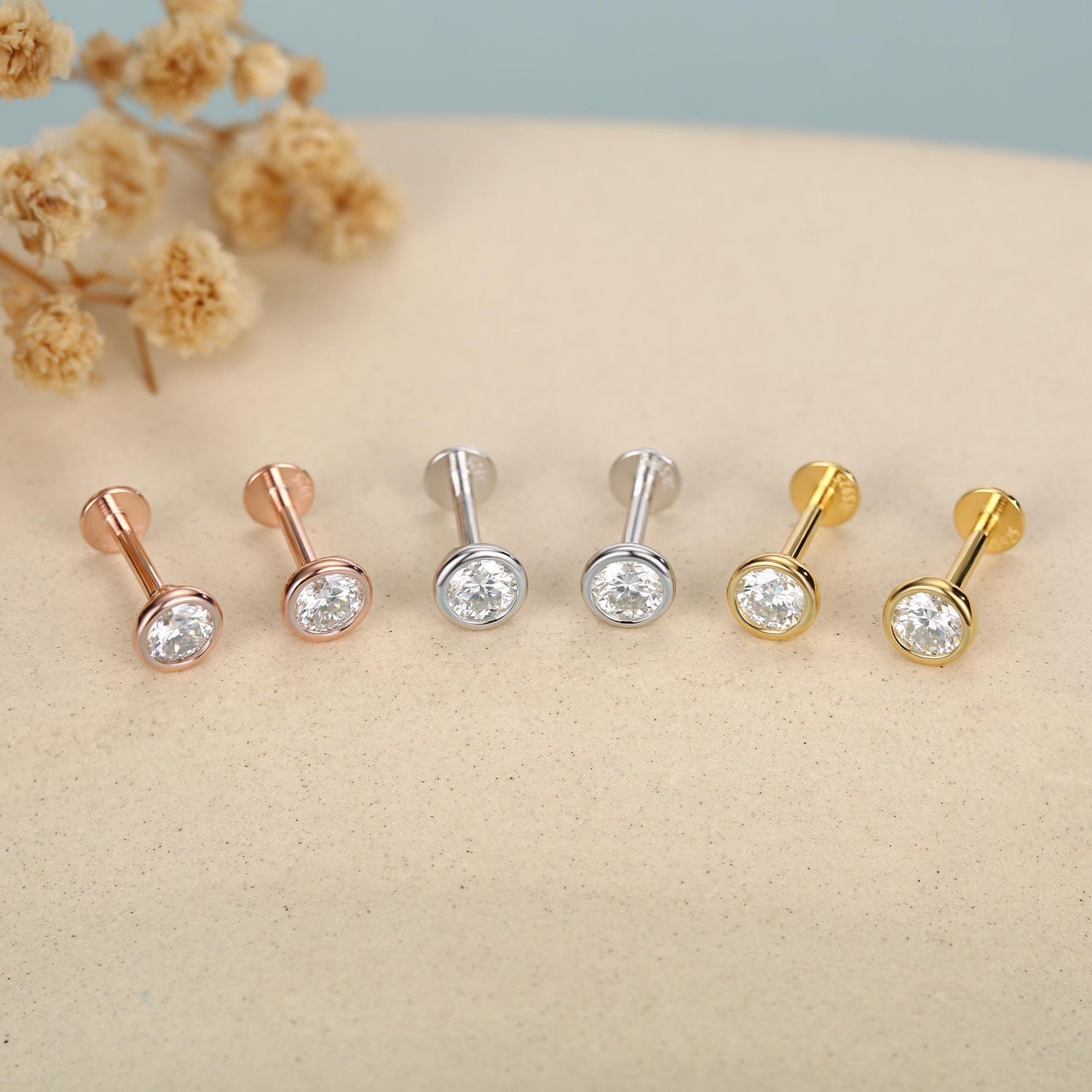 Sterling Silver 4mm Round Moissanite Bezel 16G Flat Back Labret Earrings