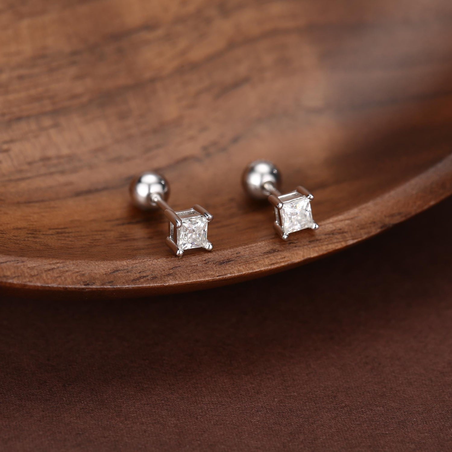 Sterling Silver Princess Cut Moissanite 18G Screw Back Earrings