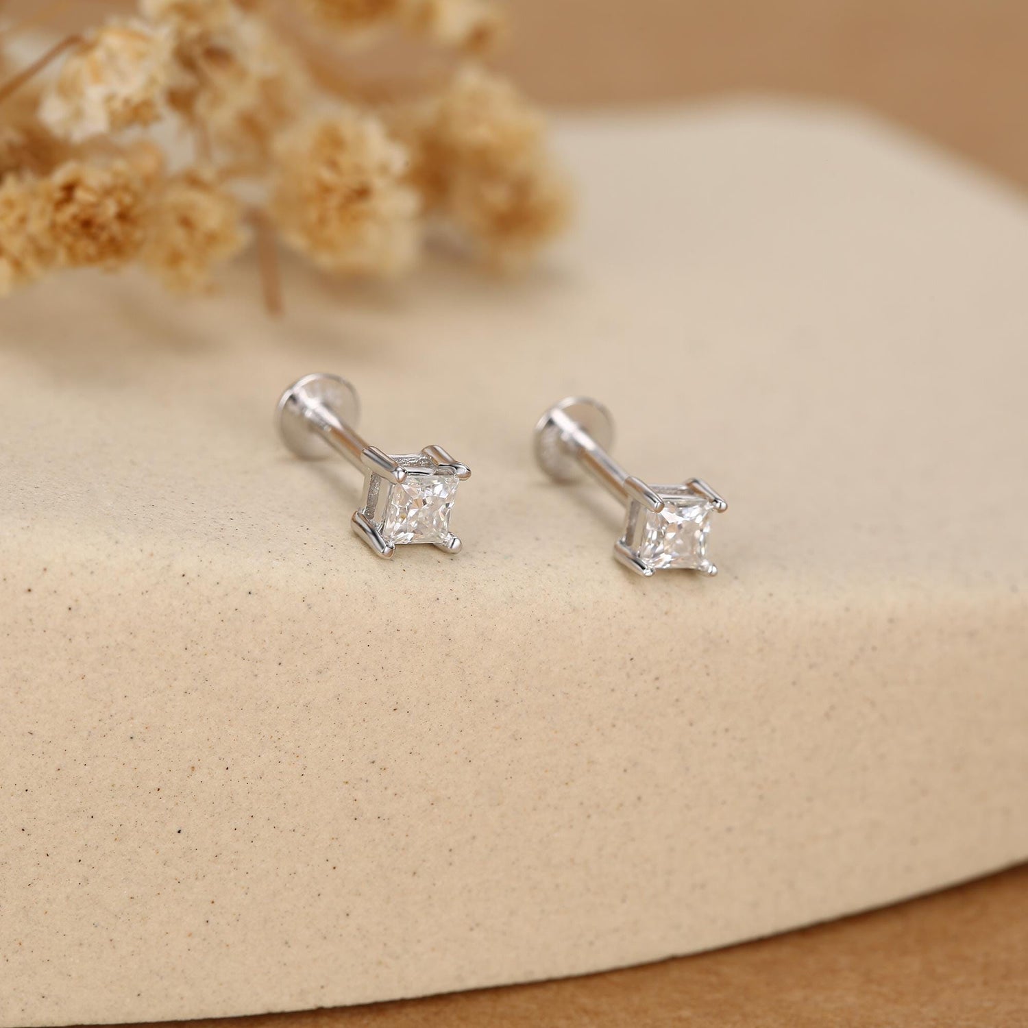 Sterling Silver 3MM Princess Cut CZ 16G Flat Back Labret Earrings
