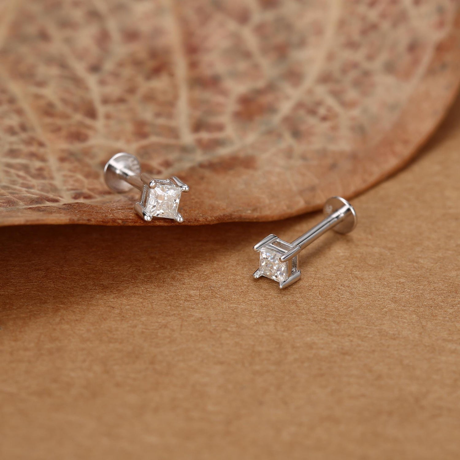 Sterling Silver 3MM Princess Cut CZ 16G Flat Back Labret Earrings