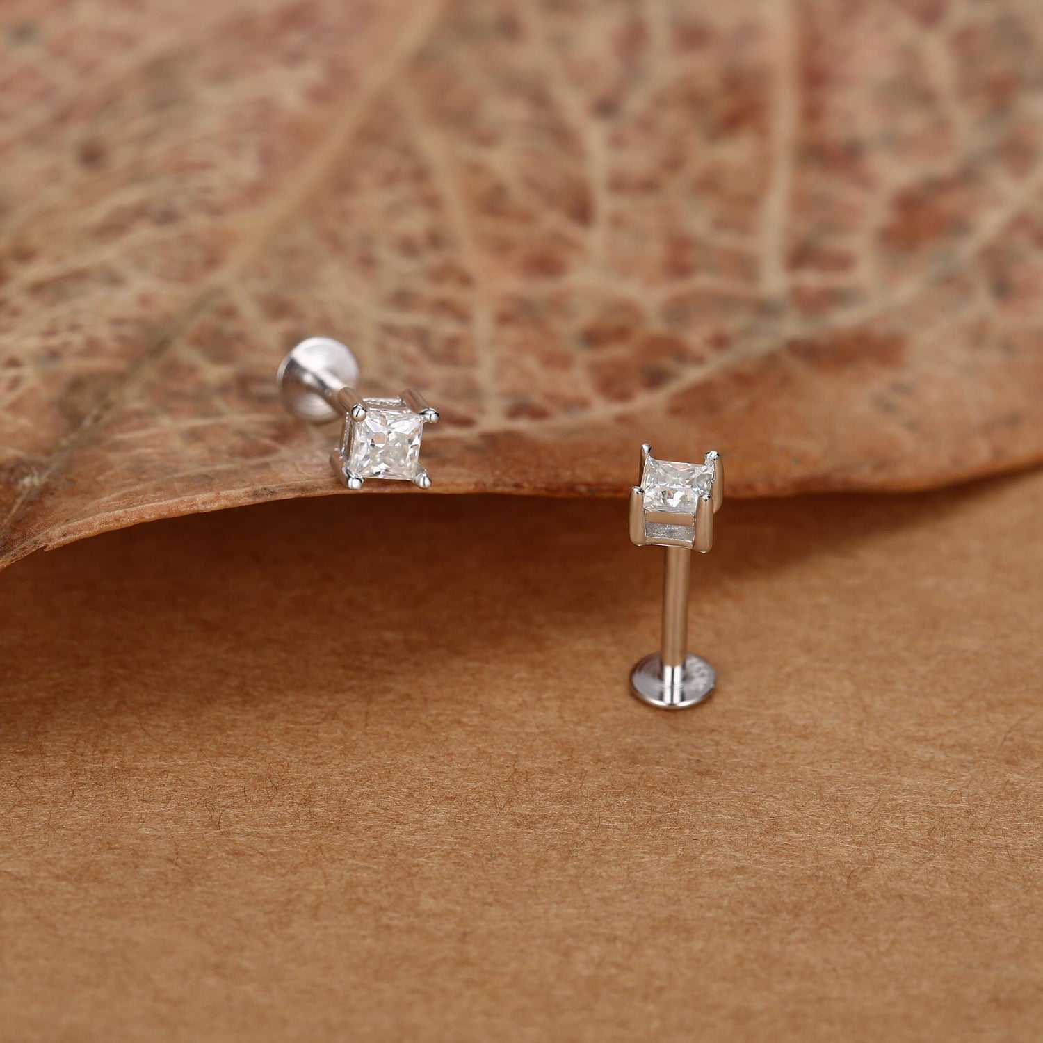 Sterling Silver 3MM Princess Cut CZ 16G Flat Back Labret Earrings