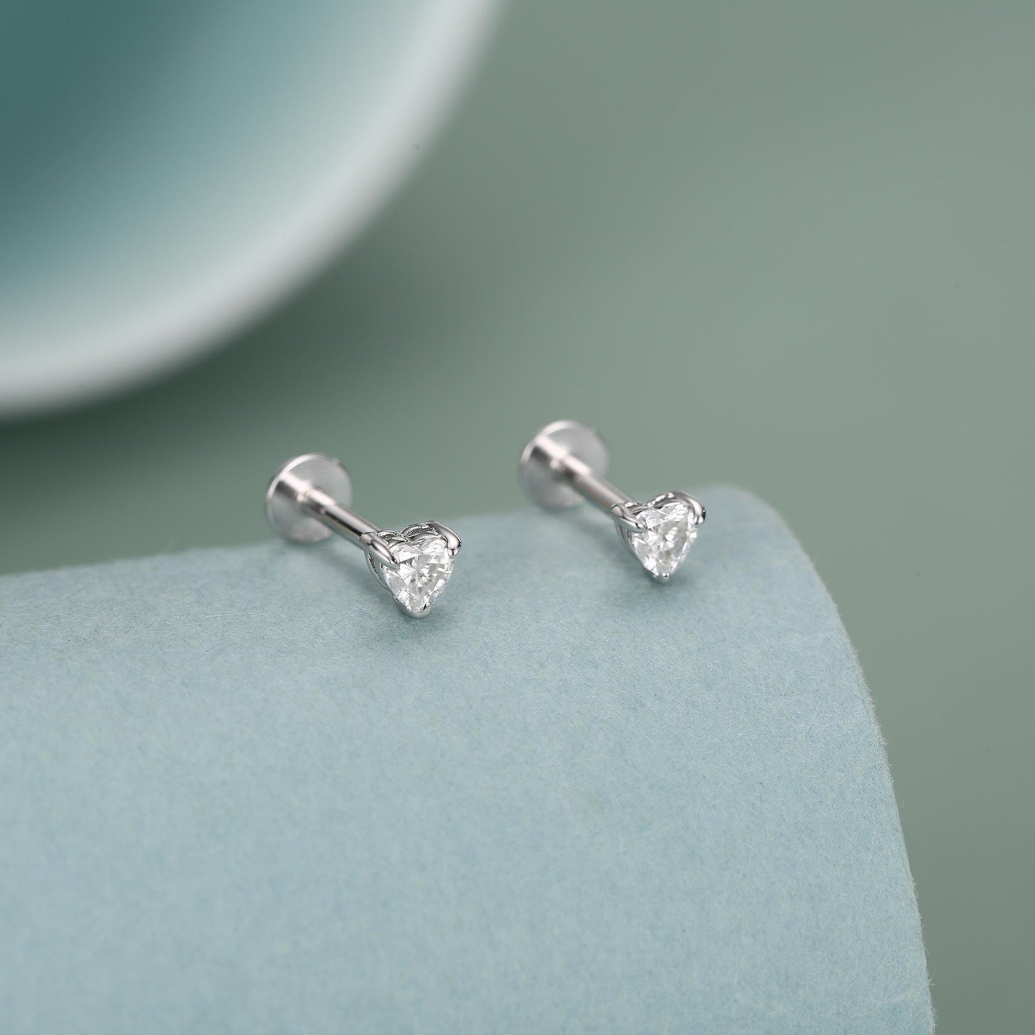 Sterling Silver Tiny Heart 3mm Moissanite 16G Flat Back Labret Earrings