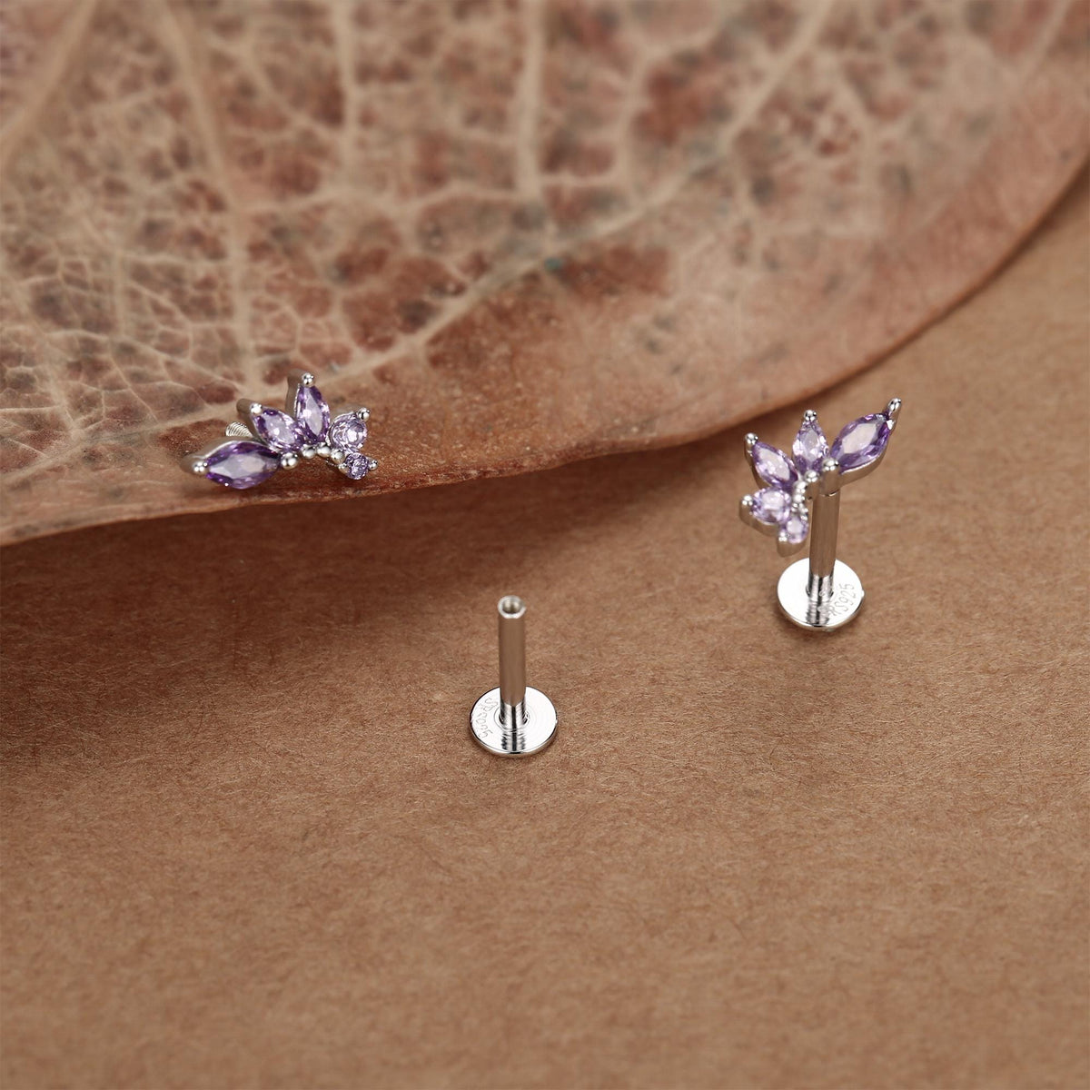 Sterling Silver Purple CZ Marquise Cluster 16G Flat Back Earrings