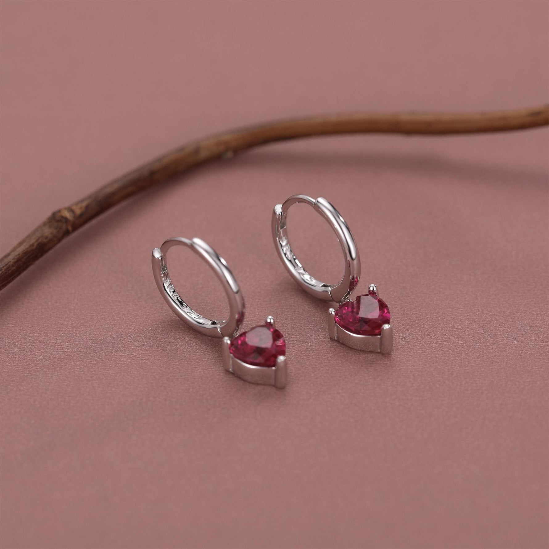 Ruby Red Heart CZ Huggie Hoop in Sterling Silver