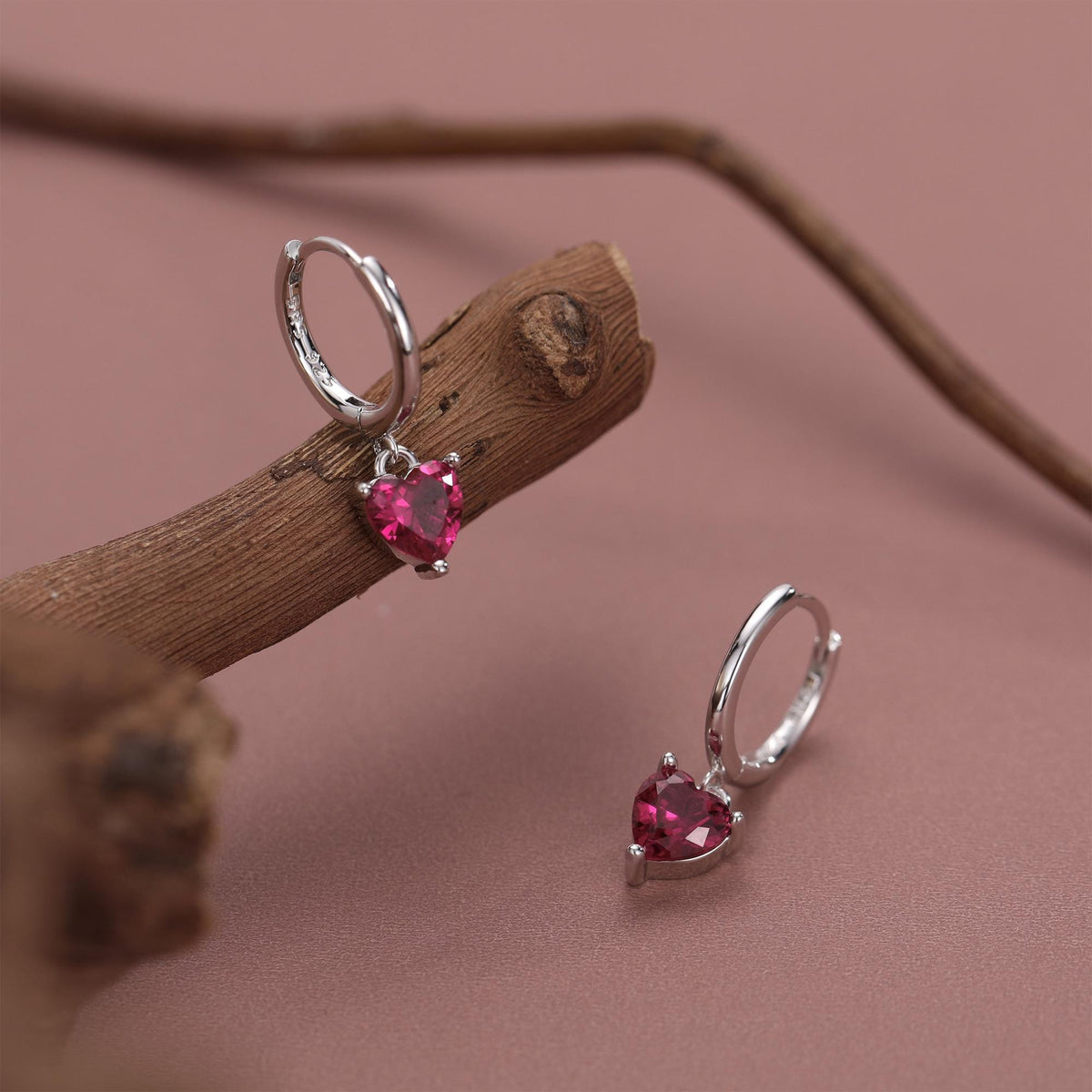 Ruby Red Heart CZ Huggie Hoop in Sterling Silver