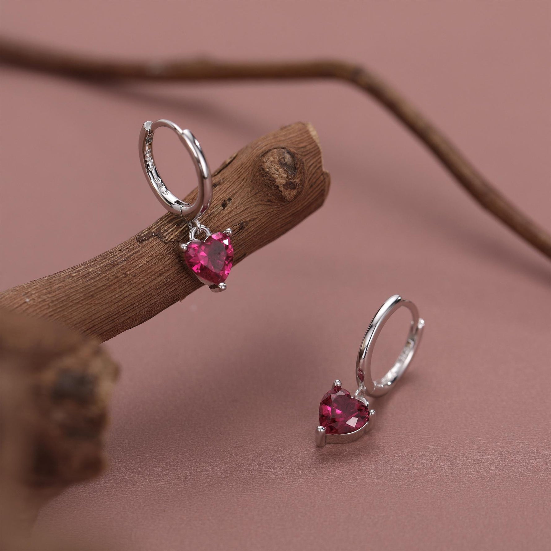 Ruby Red Heart CZ Huggie Hoop in Sterling Silver