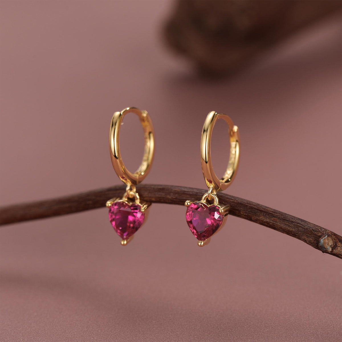 Ruby Red Heart CZ Huggie Hoop in Sterling Silver