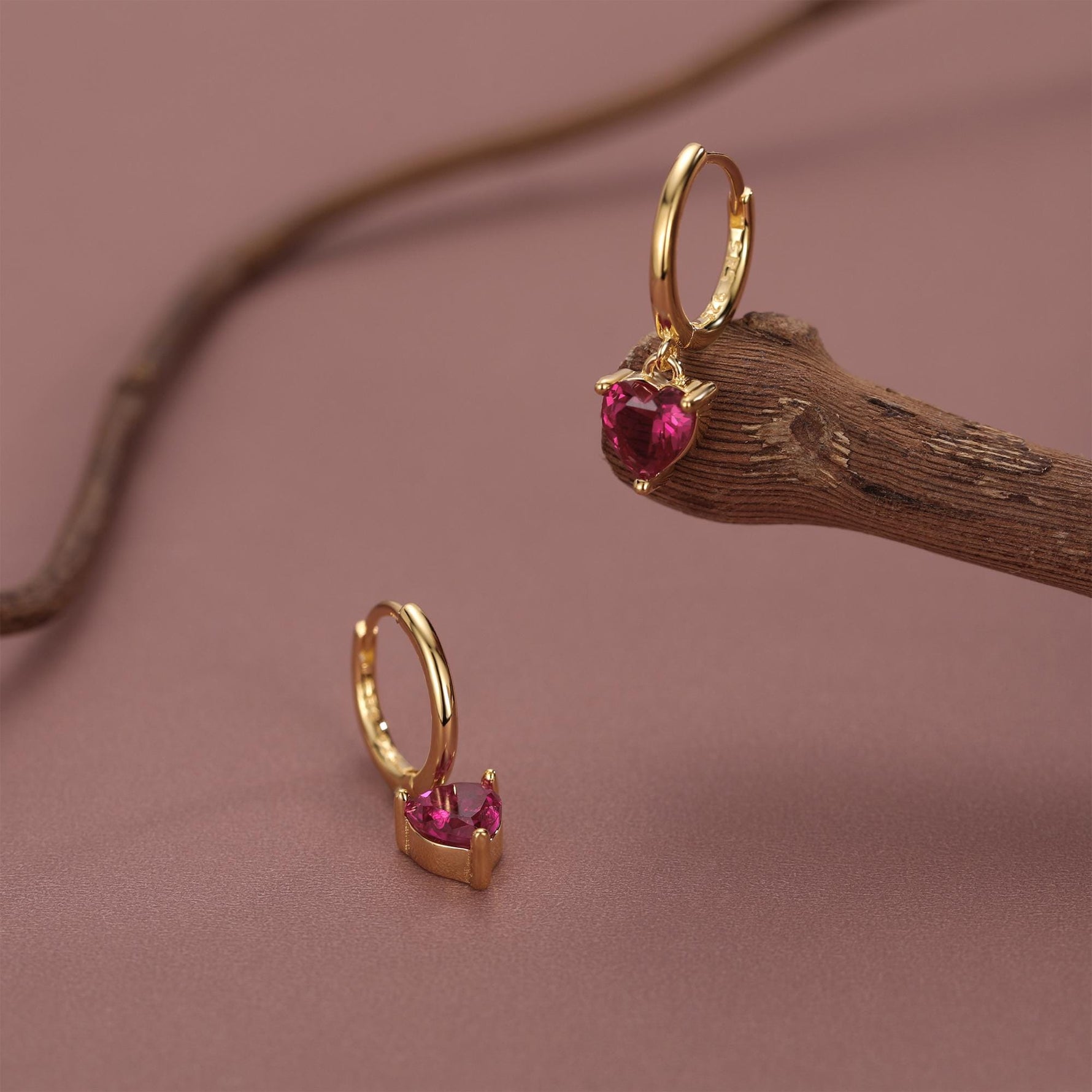 Ruby Red Heart CZ Huggie Hoop in Sterling Silver