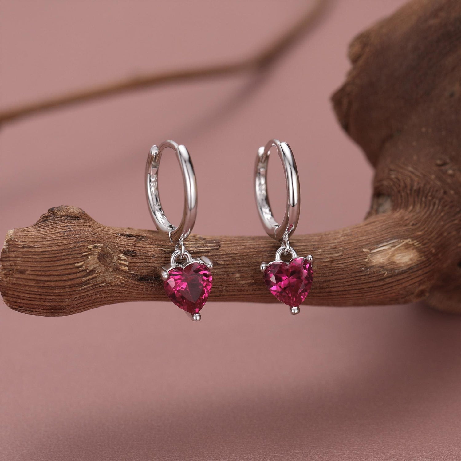 Ruby Red Heart CZ Huggie Hoop in Sterling Silver