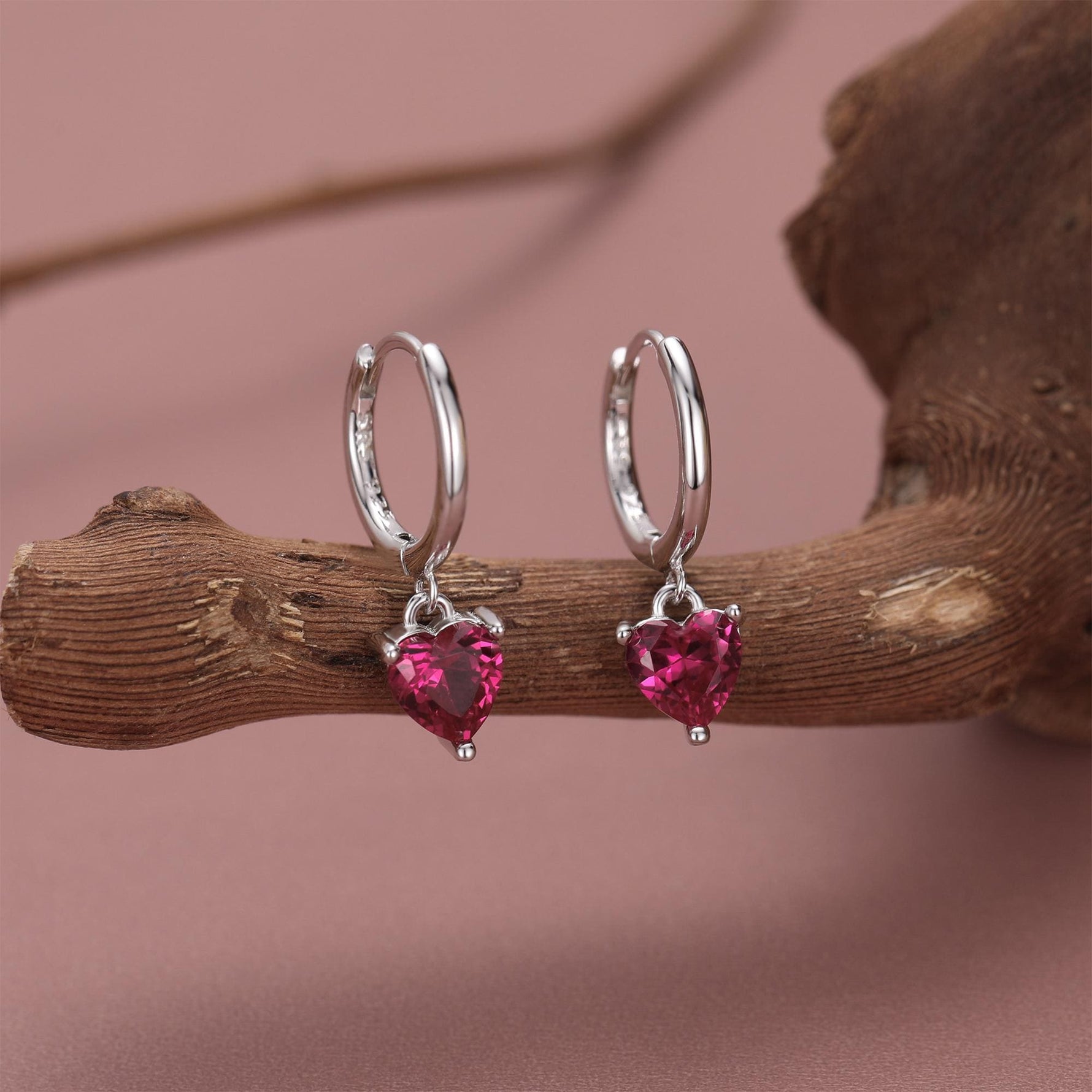 Ruby Red Heart CZ Huggie Hoop in Sterling Silver