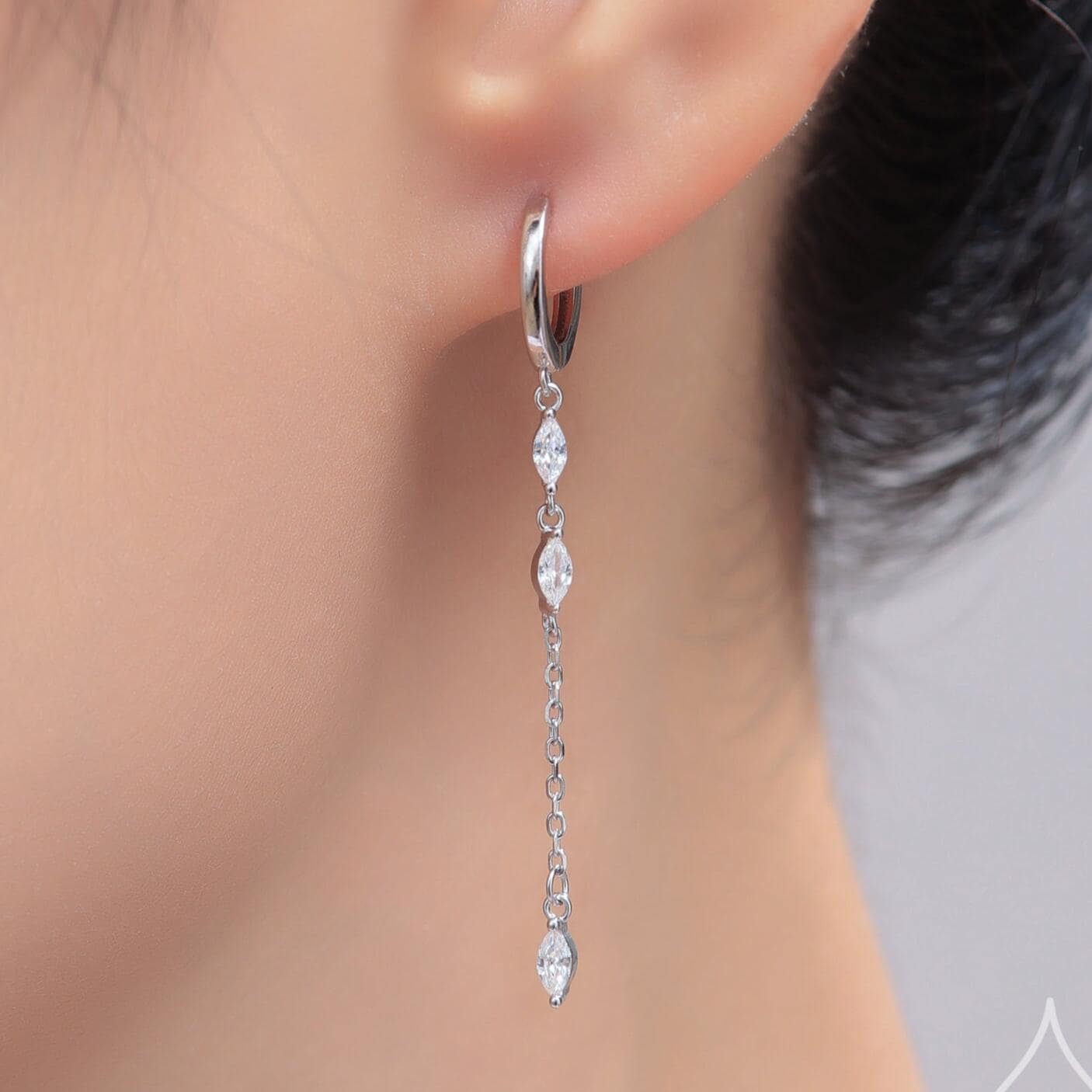 Asymmetric Marquise CZ Dangle Huggie Hoop Earrings in Sterling Silver, Silver or Gold, Geometric Hoop Earrings, Clear CZ Mismatched Design