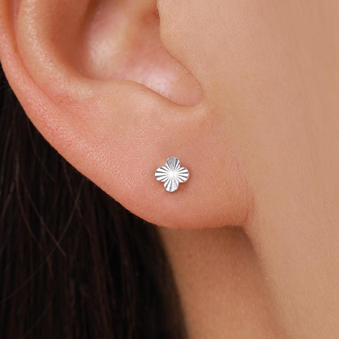 Sterling Silver Sunburst Quatrefoil Flower Stud Earrings