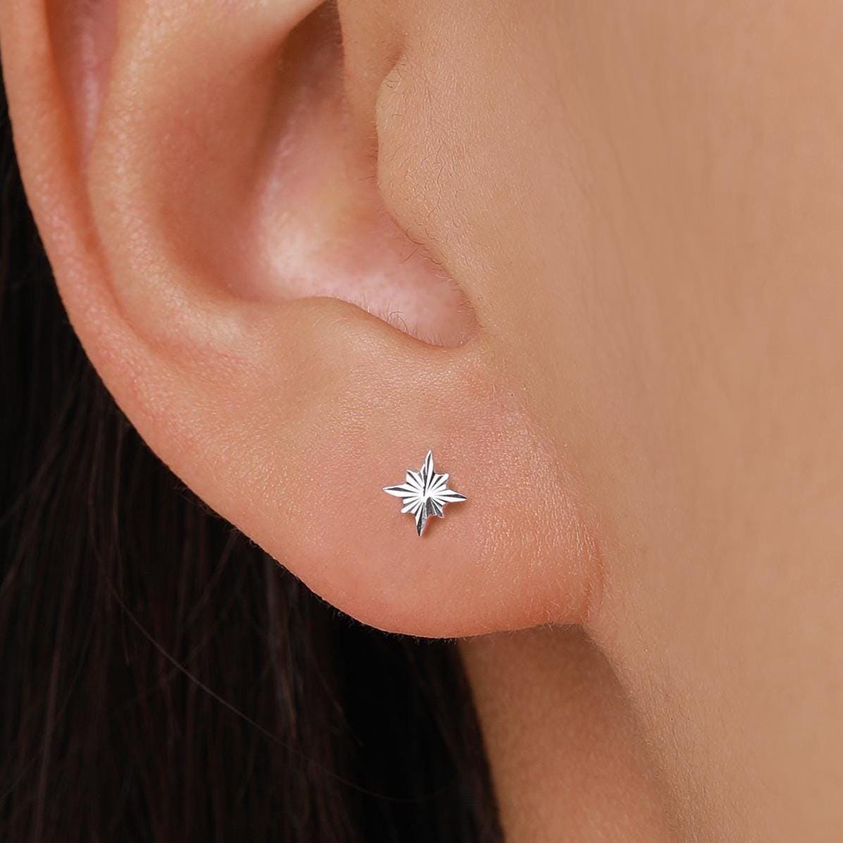 Sterling Silver Sunburst North Star Stud Earrings