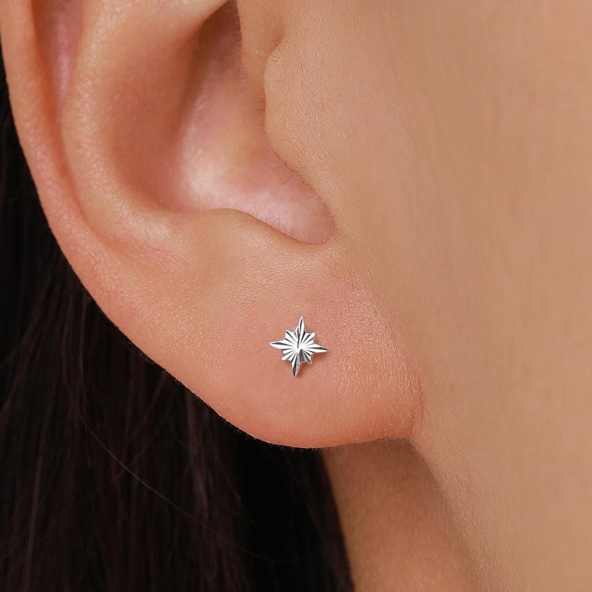 Sterling Silver Sunburst North Star 18G Screw Back Earrings