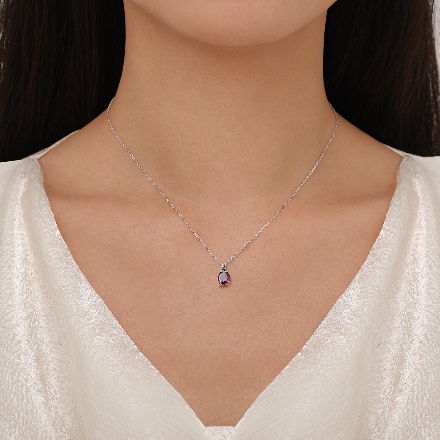 Sterling Silver Genuine Garnet Teardrop Necklace