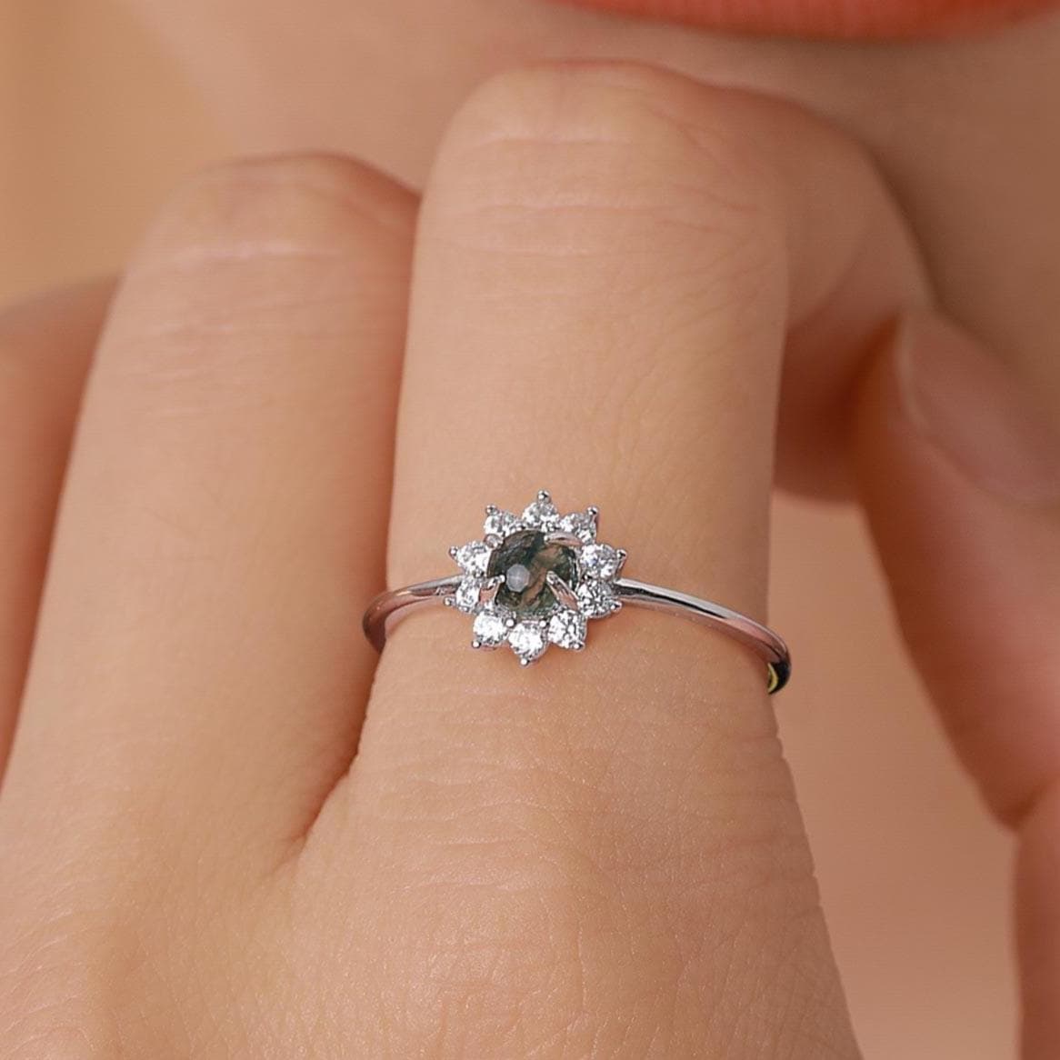 Sterling Silver Moss Agate and CZ Flower Ring
