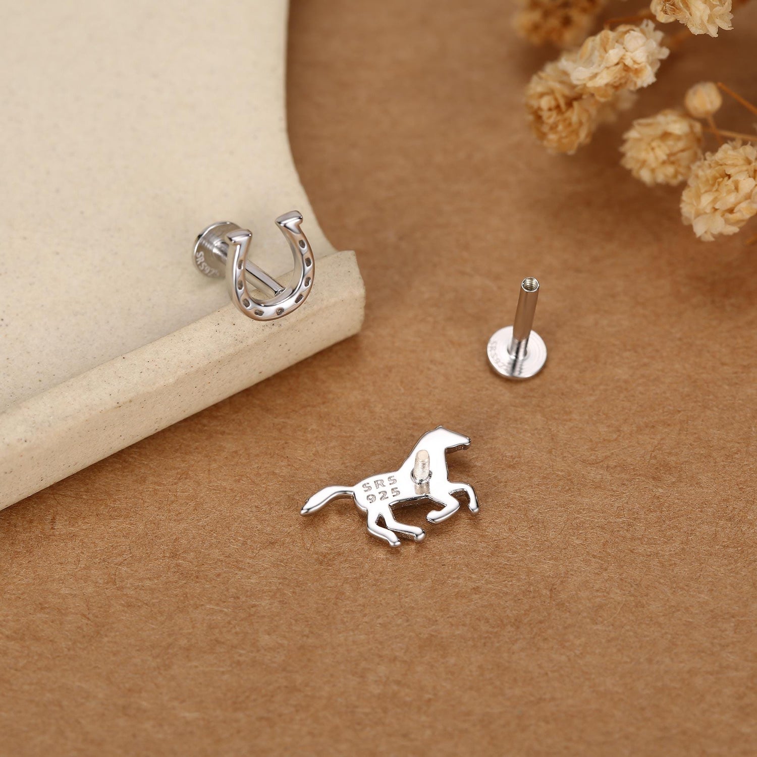 Sterling Silver Horse and Horseshoe 16G Flat Back Earrings