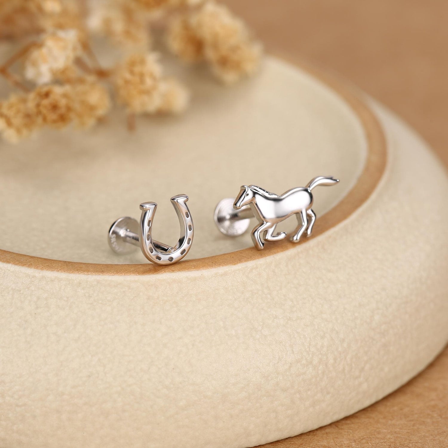 Sterling Silver Horse and Horseshoe 16G Flat Back Earrings