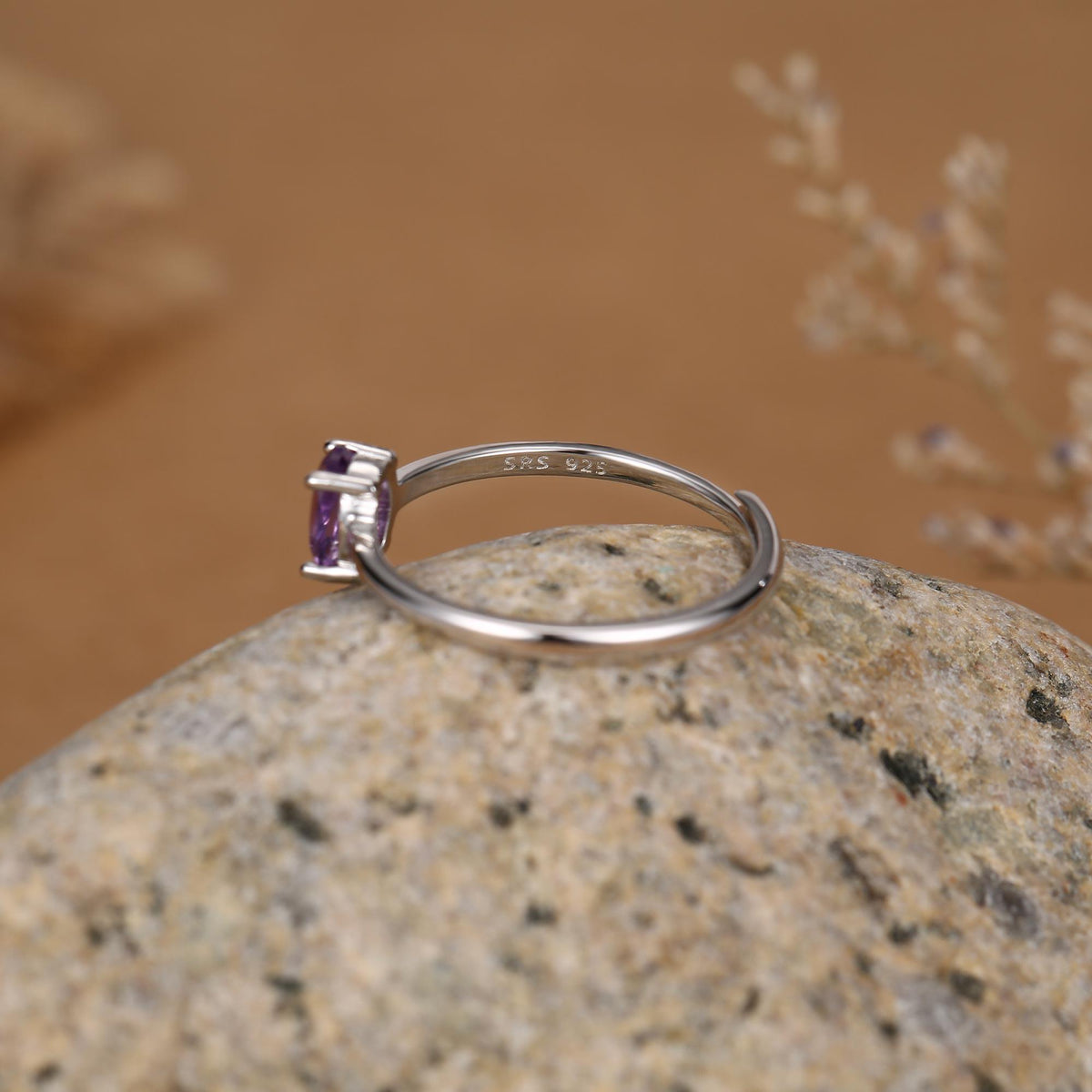 Natural Amethyst Oval Ring in Sterling Silver, 4x6mm, Prong Set Oval Cut, Adjustable Size, Genuine Amethyst Ring, February Birthstone