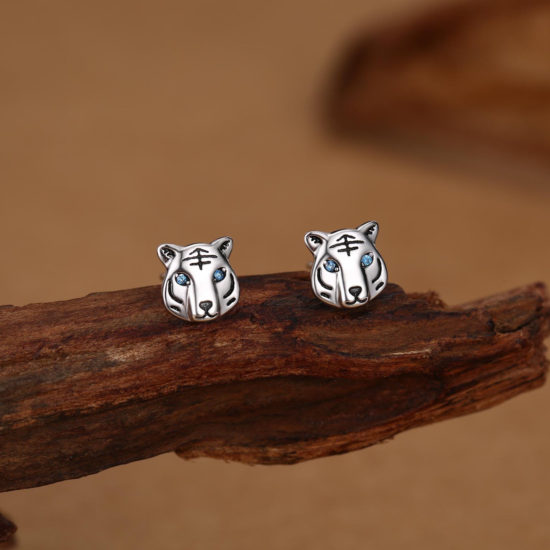 Blue Eyed Tiger Stud Earrings in Sterling Silver, Silver or Gold, Animal Earrings, Nature Inspired