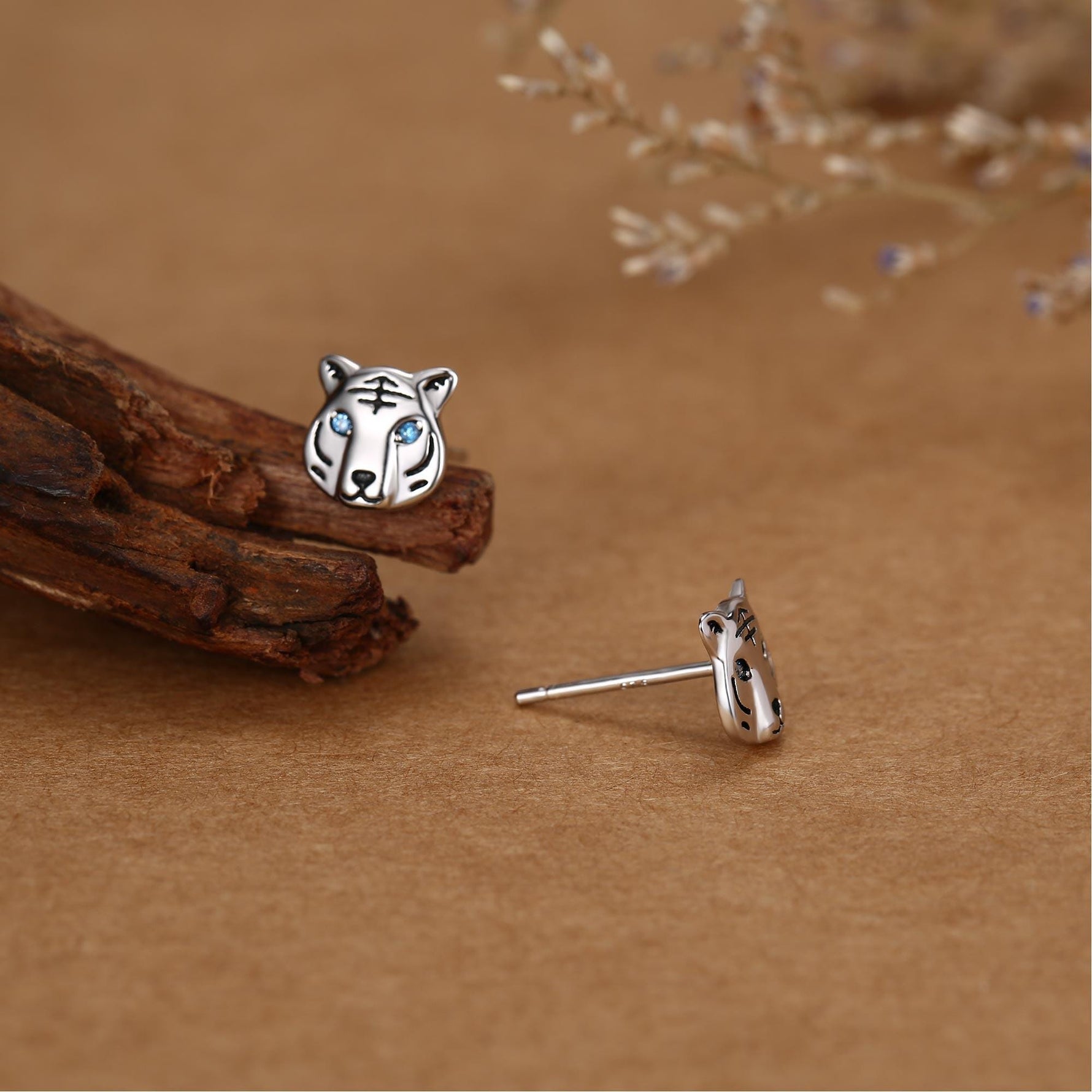 Blue Eyed Tiger Stud Earrings in Sterling Silver, Silver or Gold, Animal Earrings, Nature Inspired