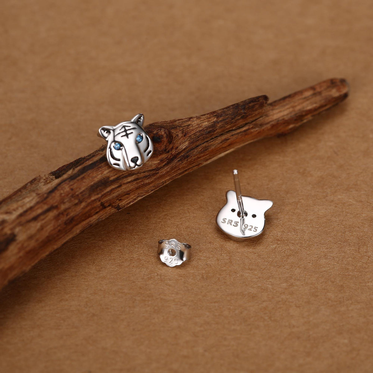 Blue Eyed Tiger Stud Earrings in Sterling Silver, Silver or Gold, Animal Earrings, Nature Inspired