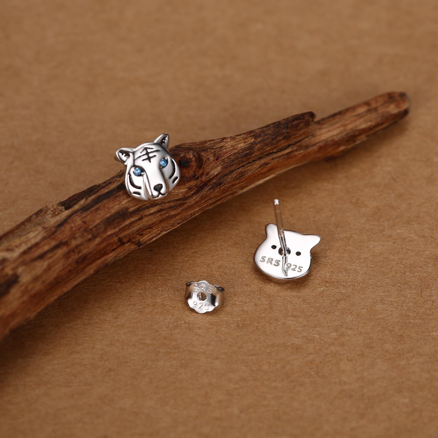 Blue Eyed Tiger Stud Earrings in Sterling Silver, Silver or Gold, Animal Earrings, Nature Inspired
